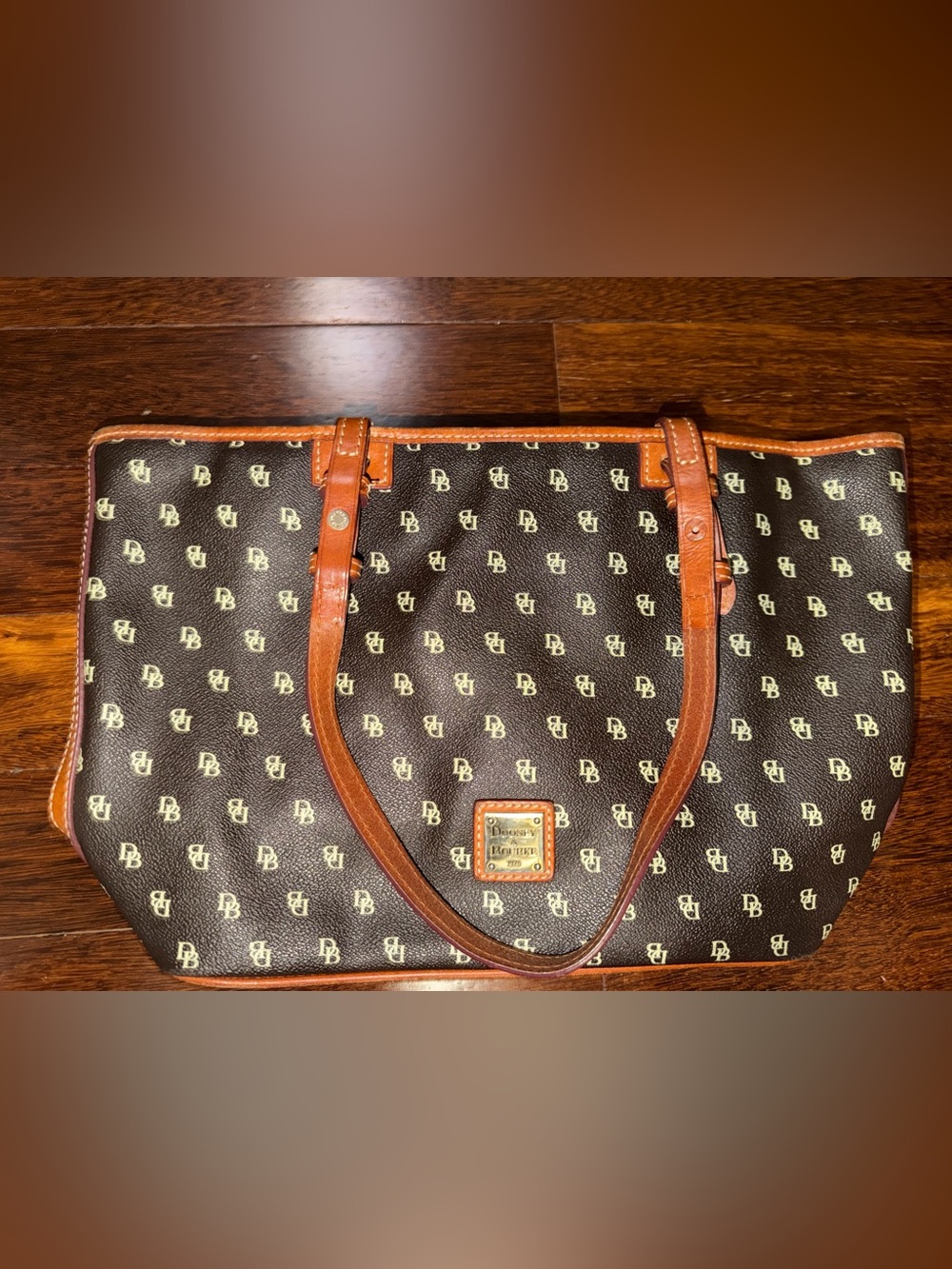 Dooney & Bourke Brown Logo Tote with Tan Leather Trim